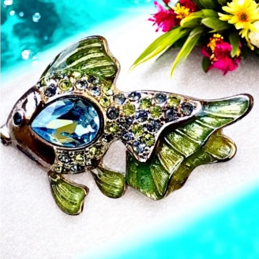 Monet Vintage FISH Brooch Enamel & Rhinestones